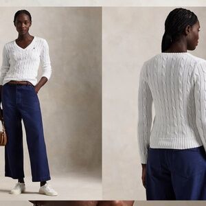 Ralph Lauren Cable-Knit Cotton V-Neck Sweater - White, Size M